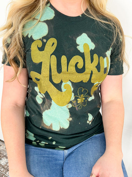 Lucky (Gold Glitter Ink) Emerald Bleached Tee PREORDER