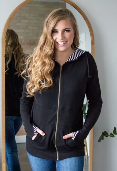 Classic Black and White Zip Up Hoodie- final sale