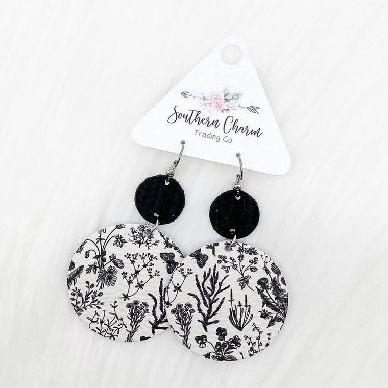 Vintage Black and White Floral Earrings